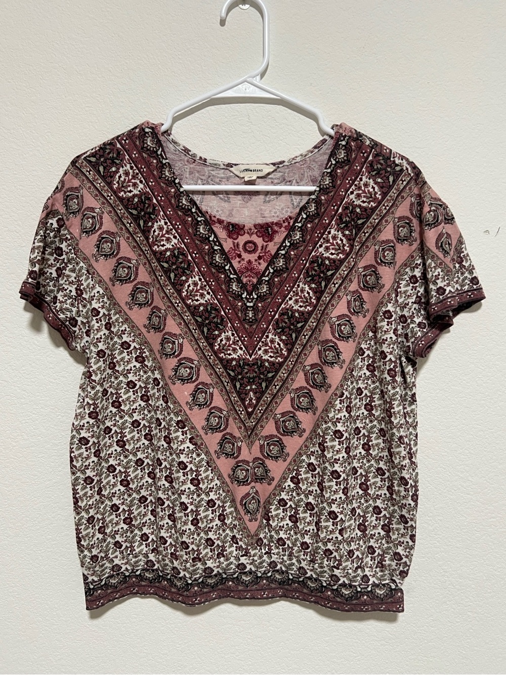 Lucky Brand Linen blend Rose Pink and Burgundy Boho Print Blouse Size M